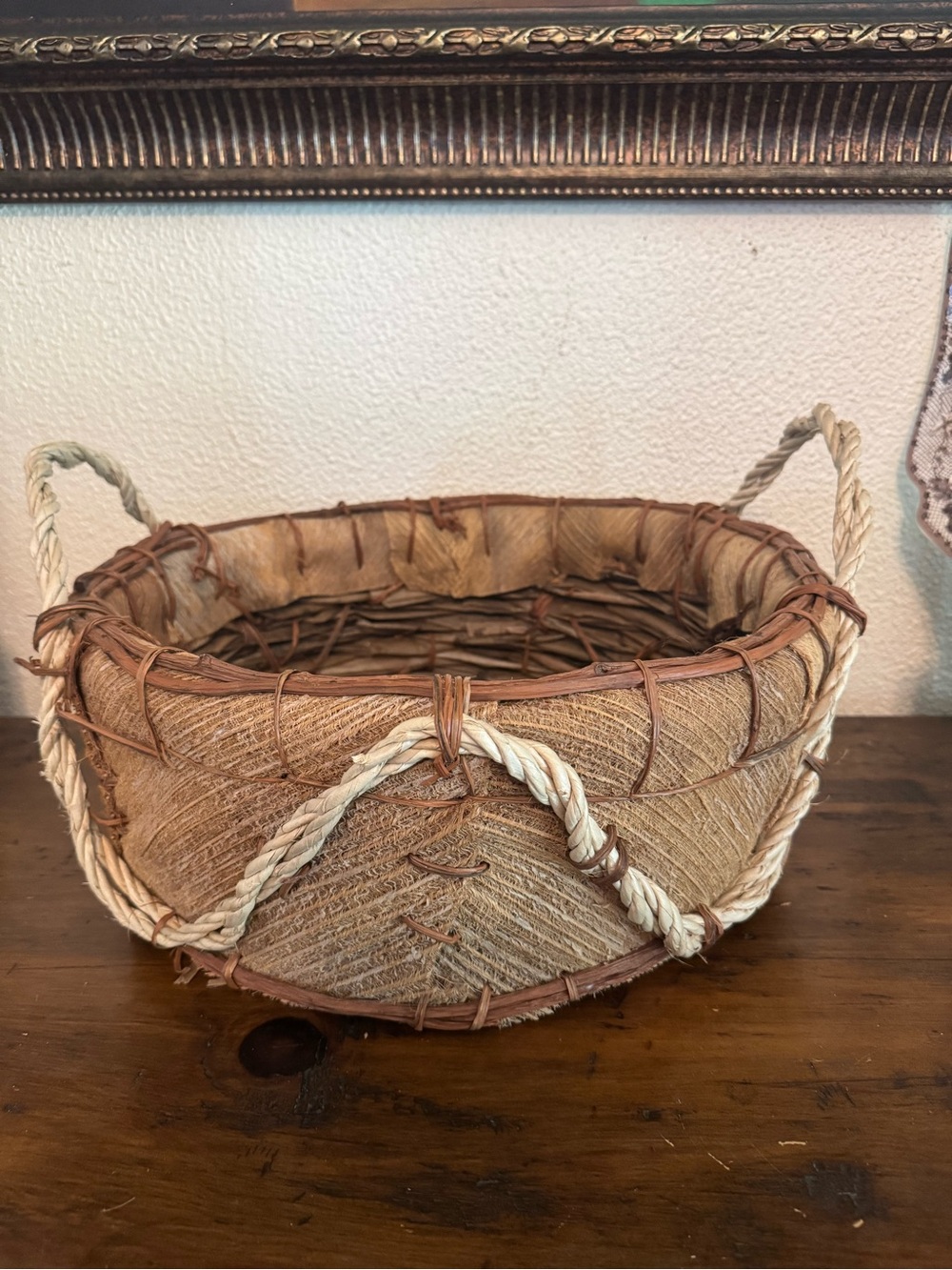 Vintage Large Handwoven Primitive Palm Frond Fiber and Vine Basket